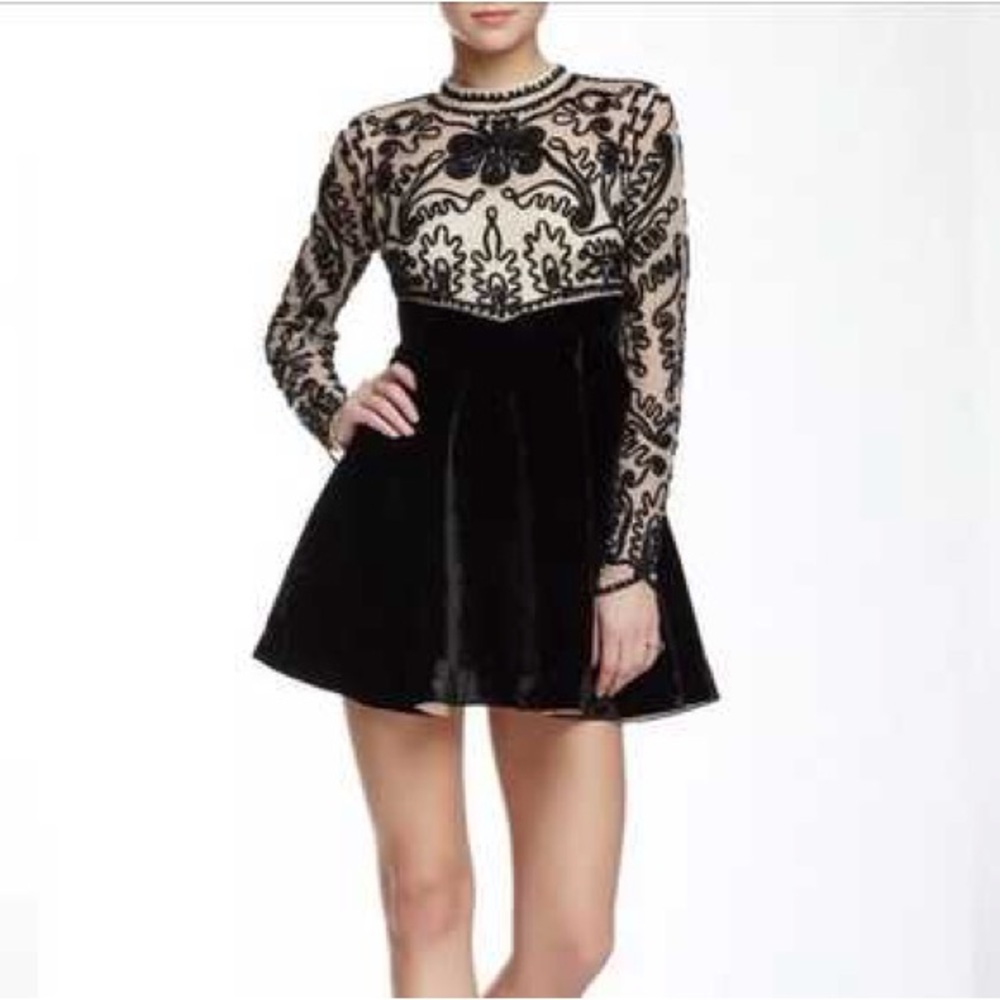 Free People Black and Cream Long Sleeve Dress